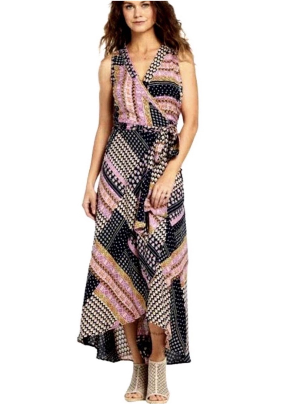 RAGA Hadley Patchwork Pink & Black Patterned High-Low True Wrap Maxi Dress